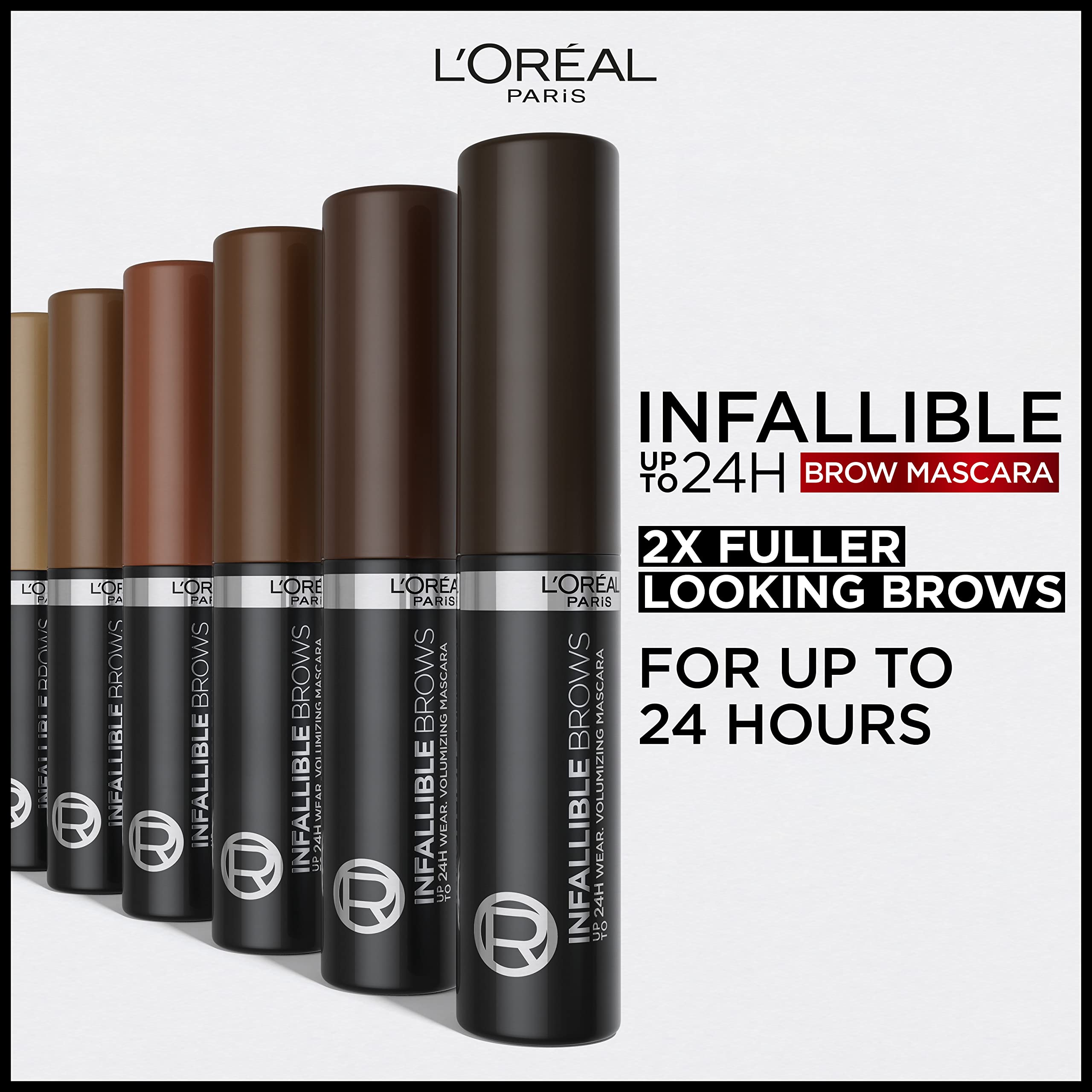 L'Oreal Paris Infallible Volumizing 24H Wear Brow Mascara, Long Lasting Eyebrow Makeup for 2X Fuller Eyebrows, 4.0 Dark Brunette, 0.13 Fl Oz